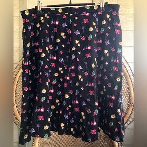 Vintage Black A-Line Midi Skirt with Multi-Color Floral Pattern +Buttons Size 16